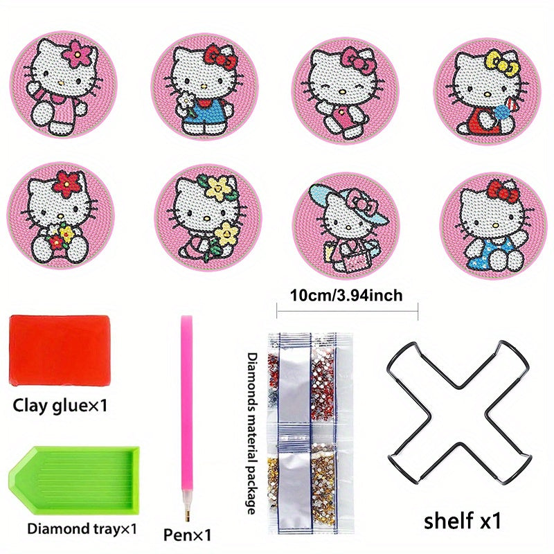 8pcs Cute Hello Kitty Diamond Painting Coasters