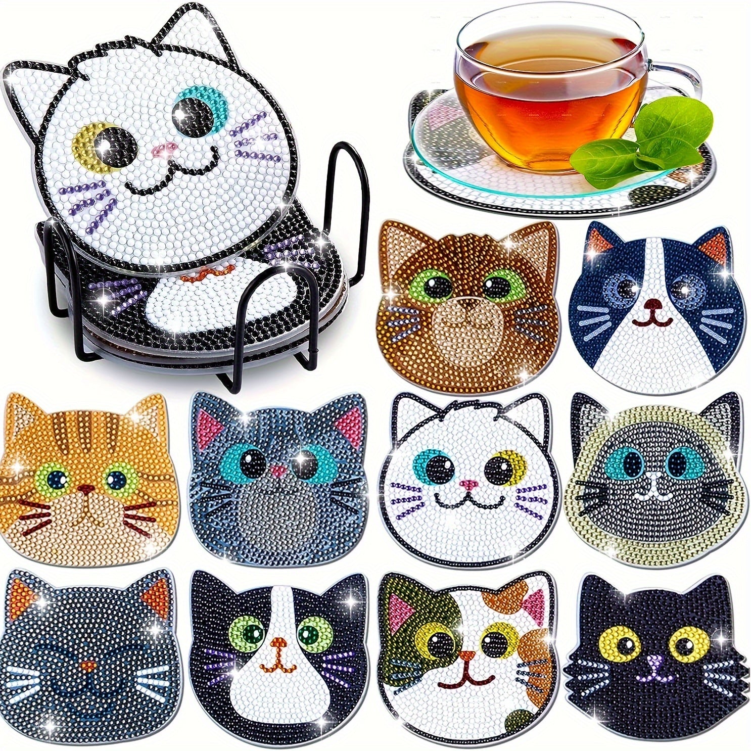 10pcs DIY Diamond Art Painting Coasters - Cute And Funny Coasters - Creative Cat Pattern Coasters