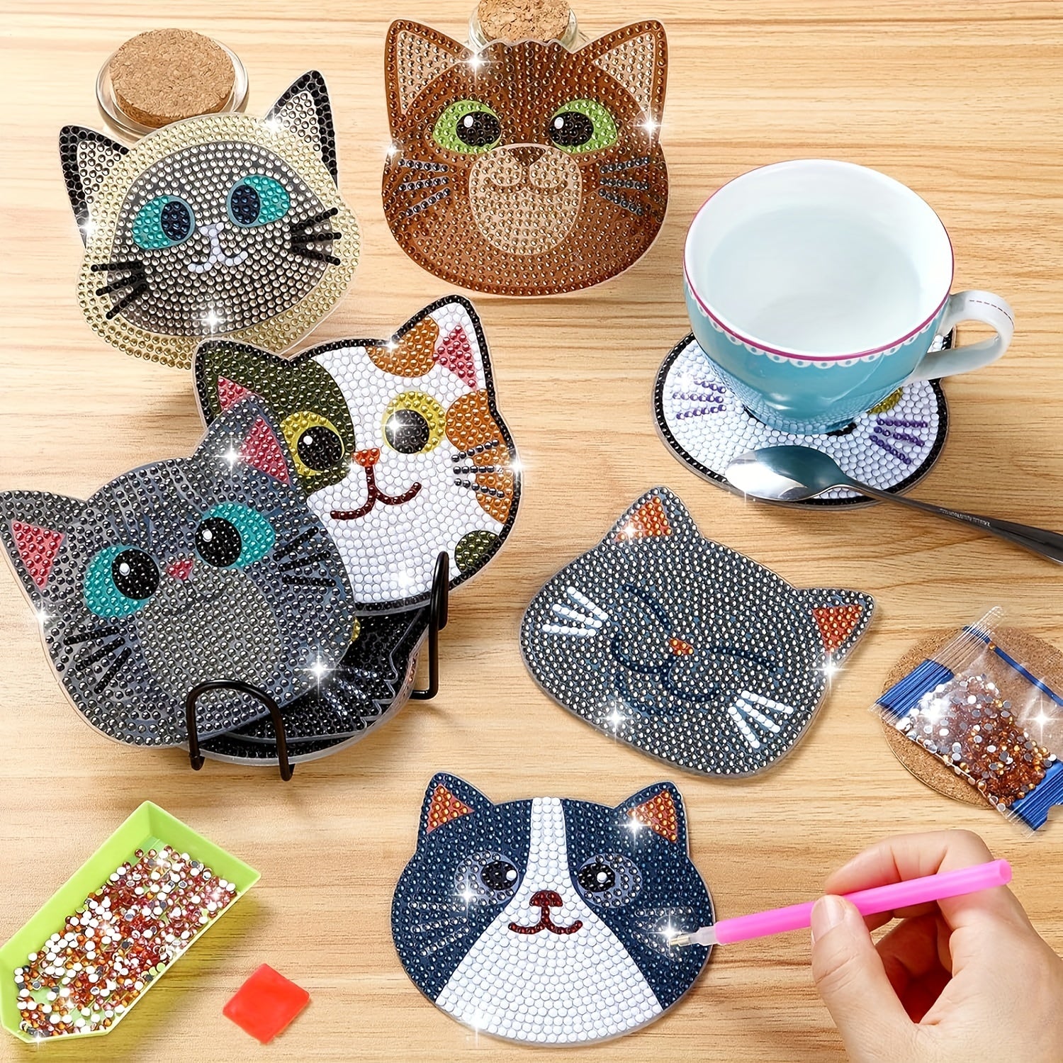 10pcs DIY Diamond Art Painting Coasters - Cute And Funny Coasters - Creative Cat Pattern Coasters