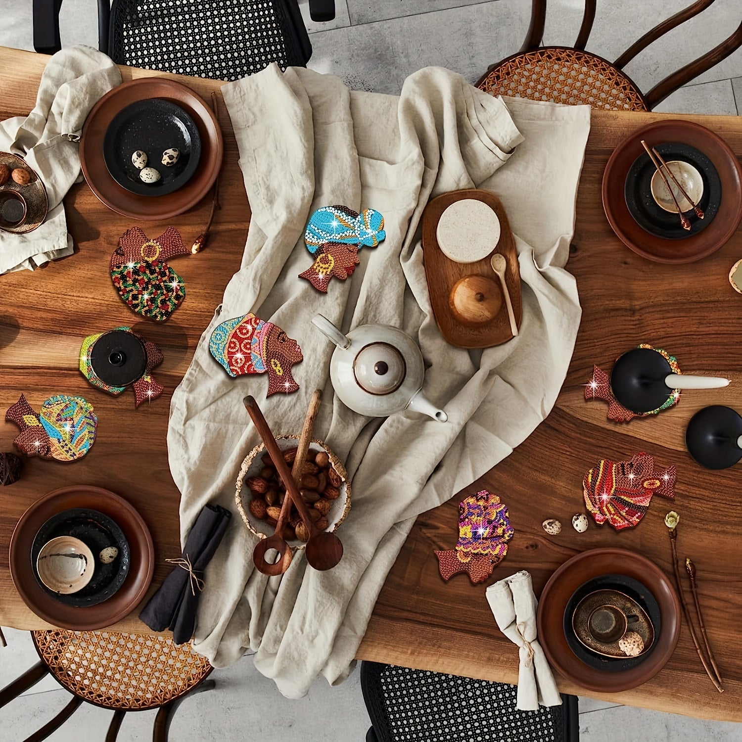 8pcs Unique African American Women Shaped Diamond Art Coasters with Stand