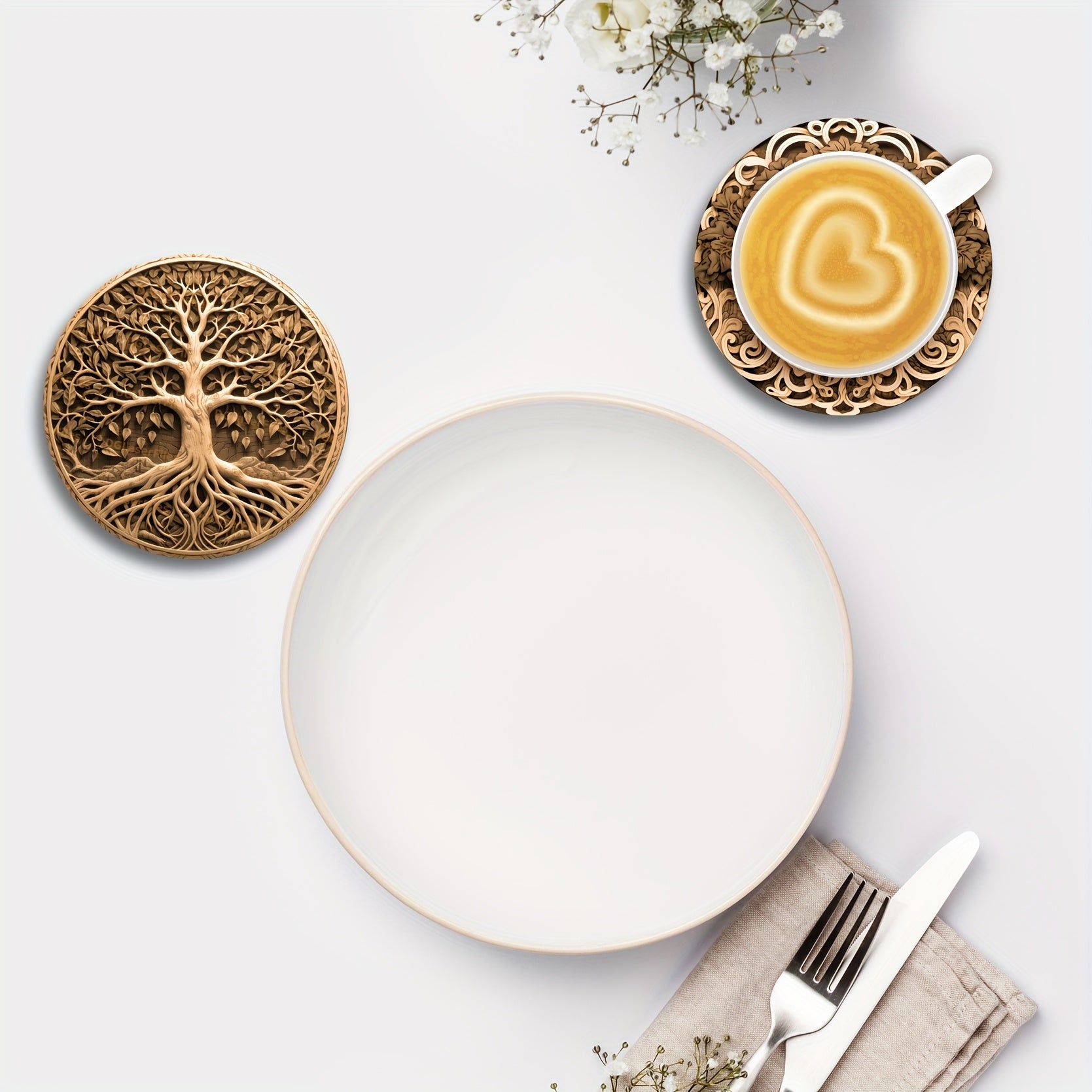 8pcs Tree of Life Wooden Coasters Set