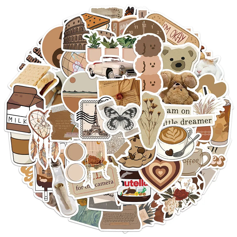 50PCS Brown Aesthetic Decorative Cartoon Stickers