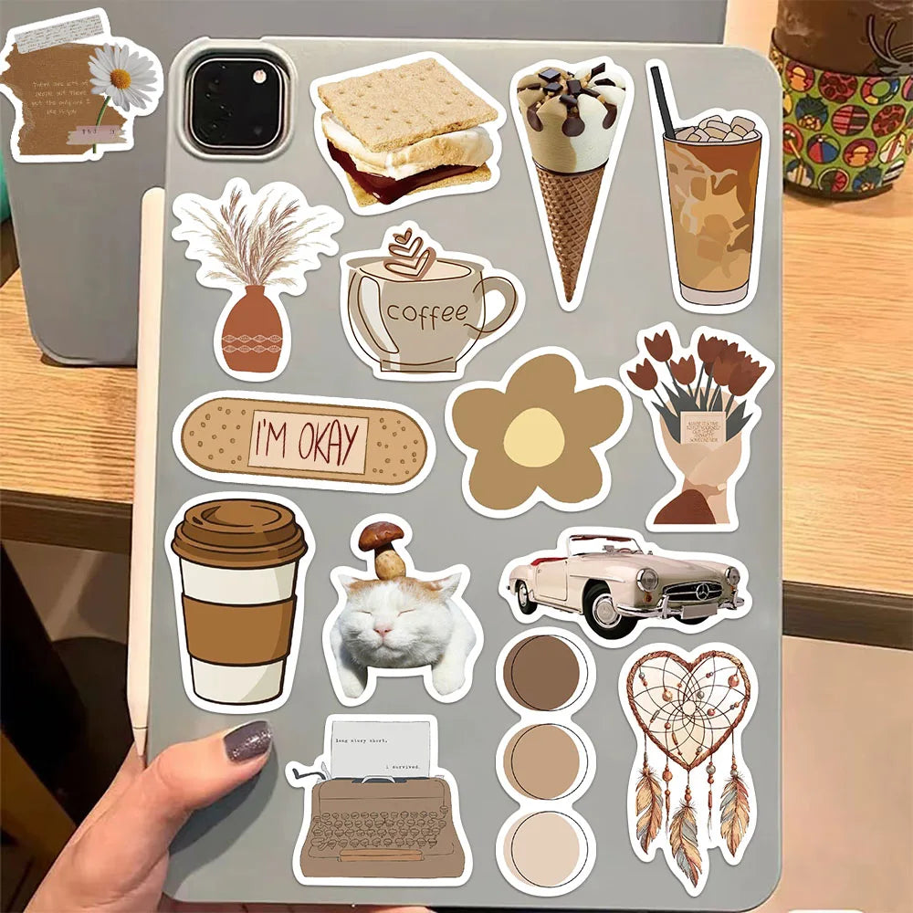 50PCS Brown Aesthetic Decorative Cartoon Stickers