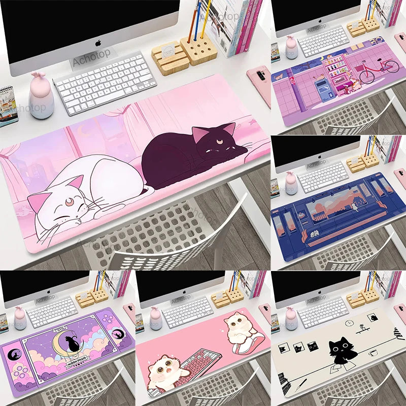 Laptop Mousepad Cute Kawaii Anime Cats Deskmat Extended Gaming Desk Mat High Quality Pink Anime Mouse Pad Gamer Keyboard