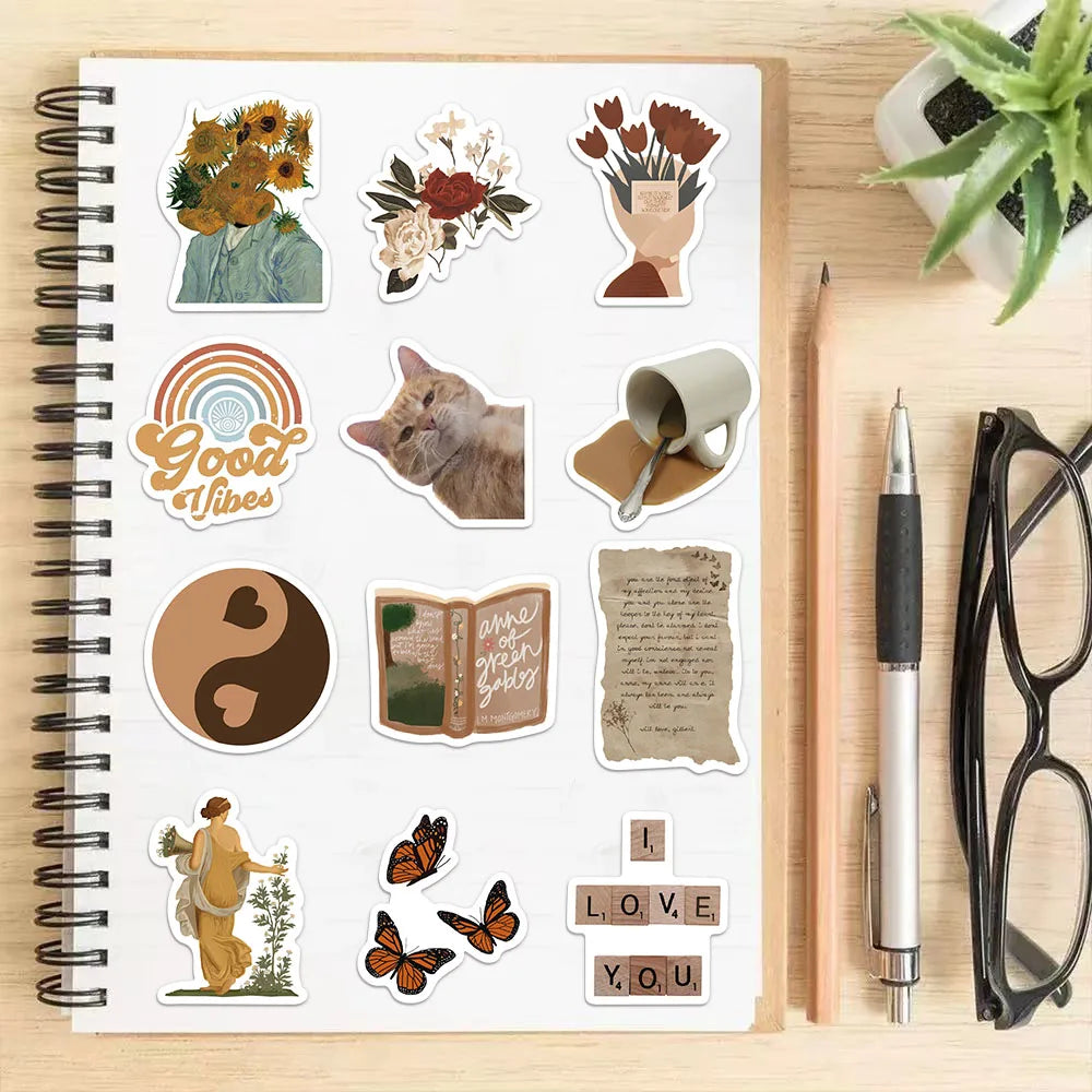 50PCS Brown Aesthetic Decorative Cartoon Stickers