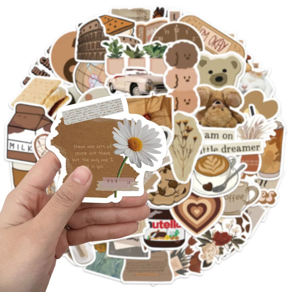 50PCS Brown Aesthetic Decorative Cartoon Stickers