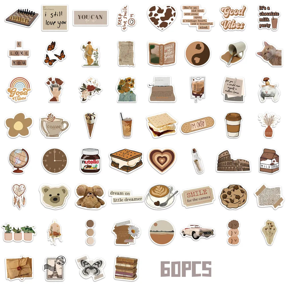 50PCS Brown Aesthetic Decorative Cartoon Stickers