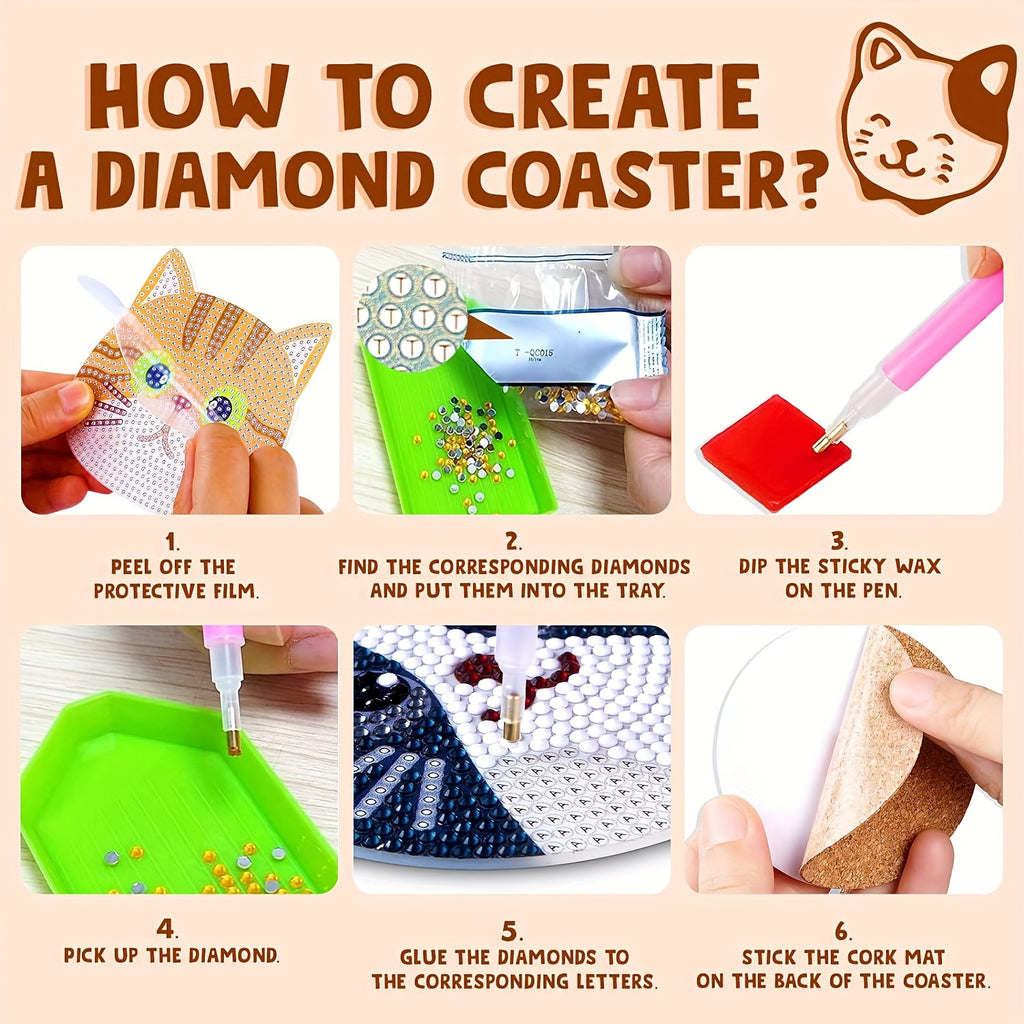 10pcs DIY Diamond Art Painting Coasters - Cute And Funny Coasters - Creative Cat Pattern Coasters
