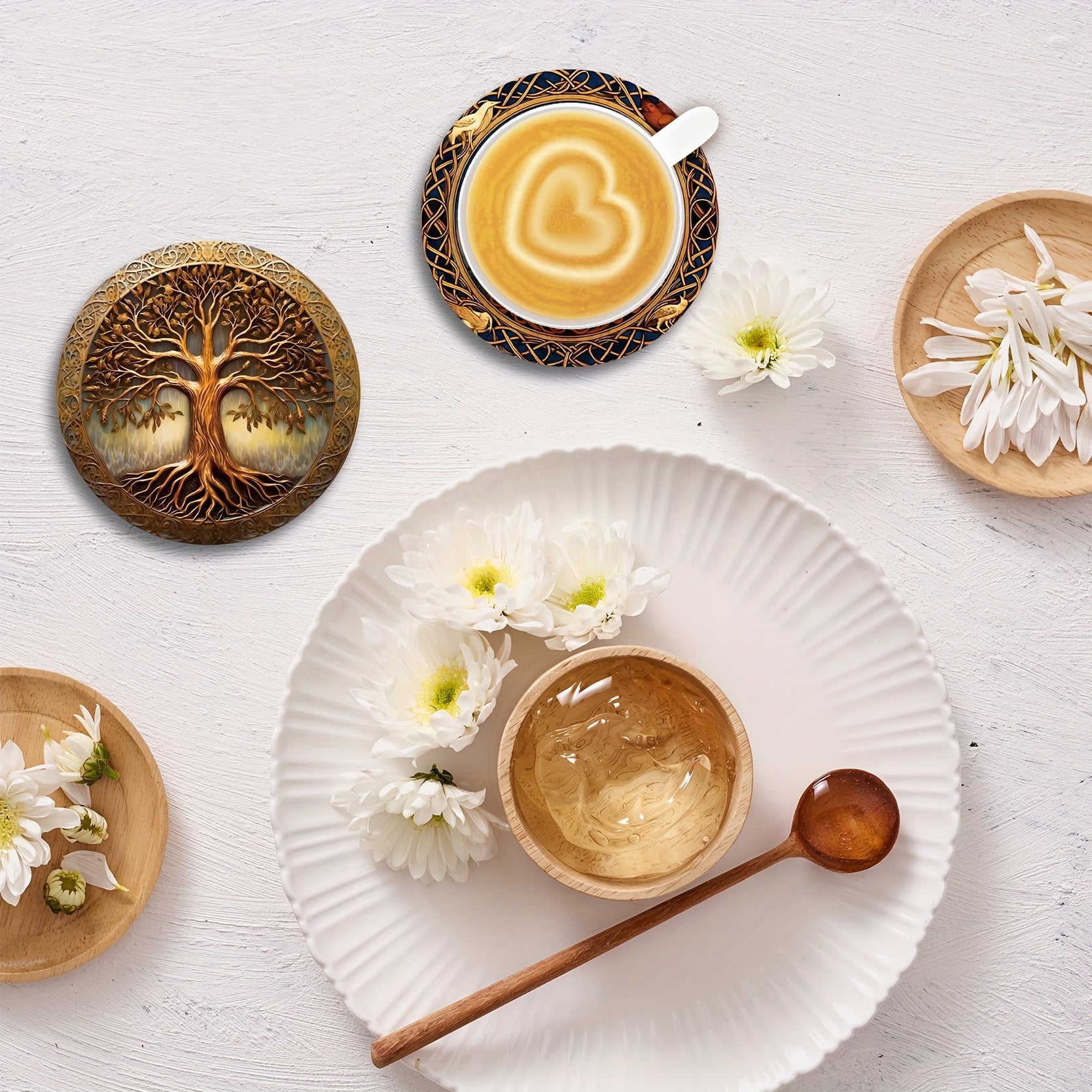 8pcs Tree of Life Wooden Coasters Set