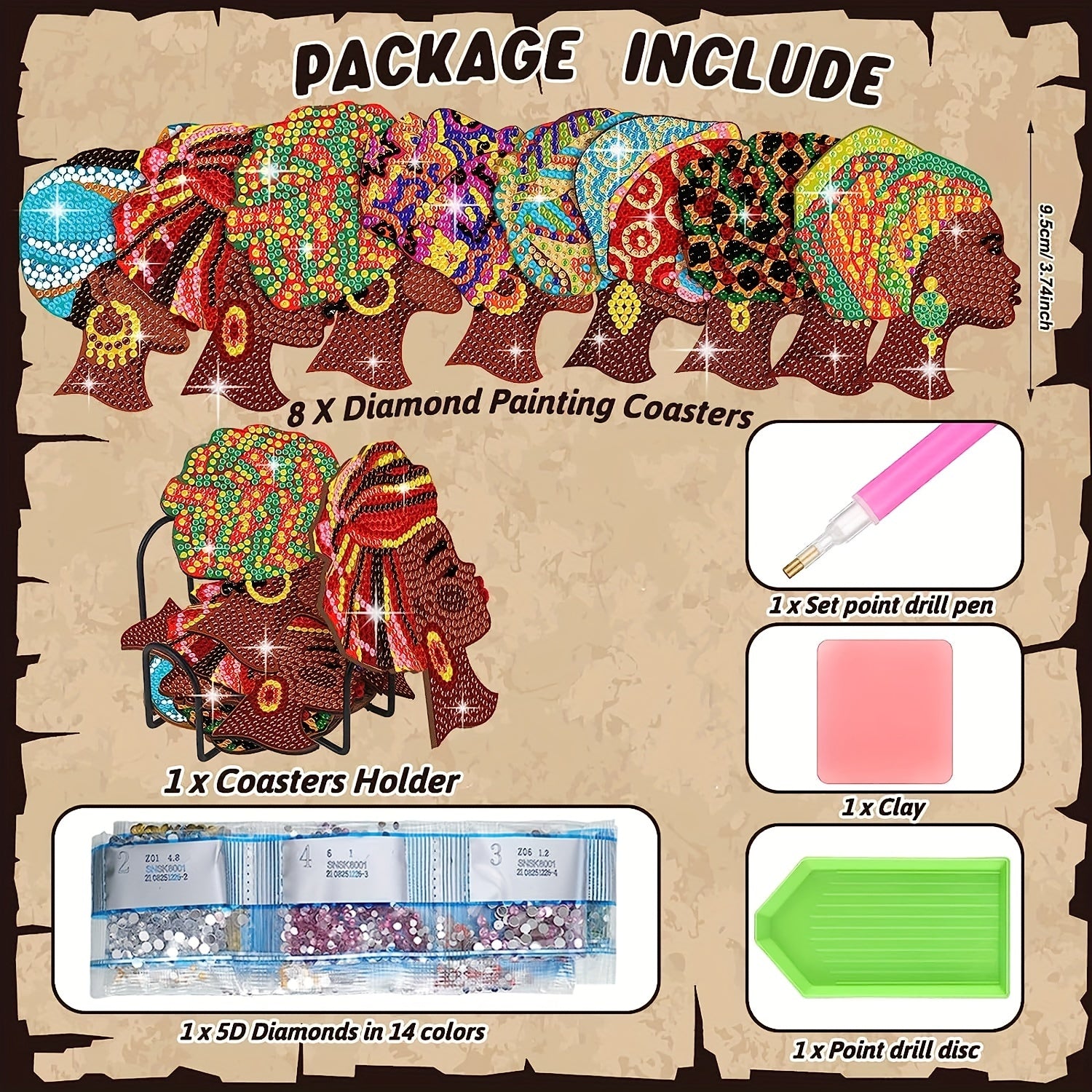 8pcs Unique African American Women Shaped Diamond Art Coasters with Stand