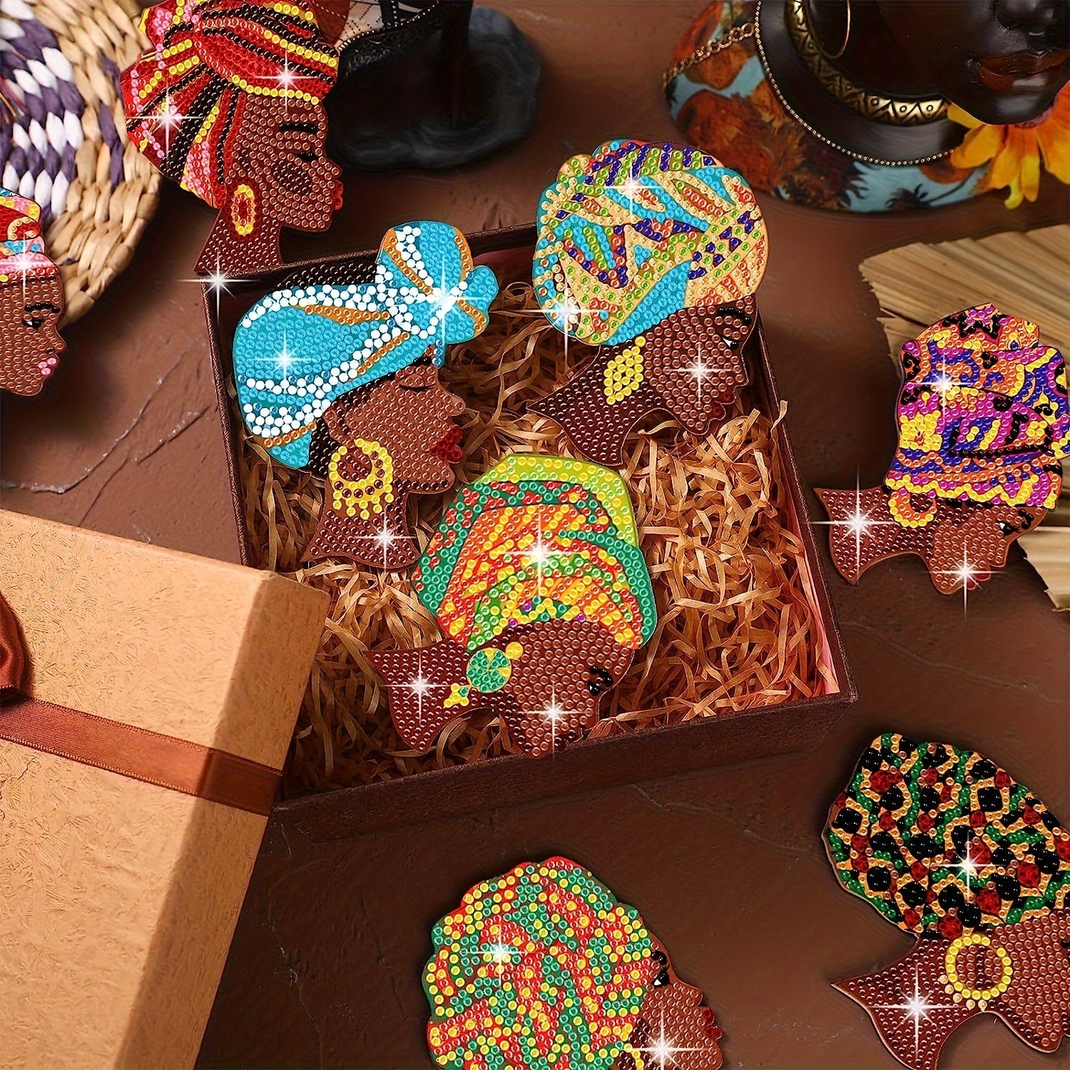 8pcs Unique African American Women Shaped Diamond Art Coasters with Stand